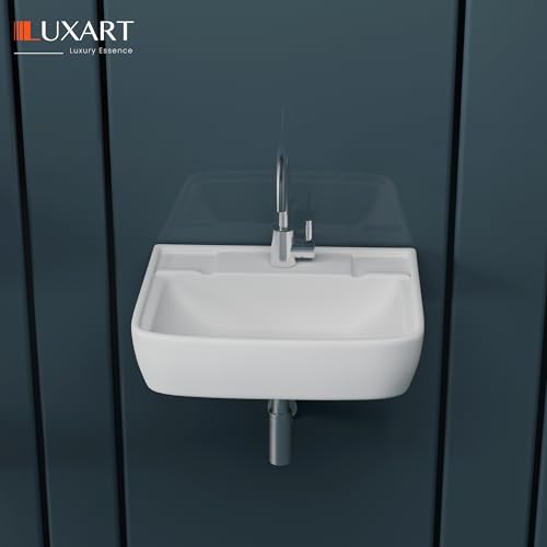 Image of LUXART Wall Mount Ceramic Wash Basin - Wall Hung Designer Vessel Sink - Bathroom Washbasin over counter For Hotel Home Living Room - Glossy Finish (15.5x13.5 Inch, White)