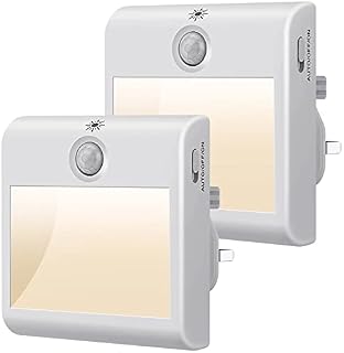 LED Night Light [2 Pack], Night Light Plug in Wall with Motion Sensor & Brightness Adjustable Warm White Lighting, 3 Modes (ON/AUTO/Off), Plug in Night Light for Bedroom, Stairs, Hallway, Kitchen
