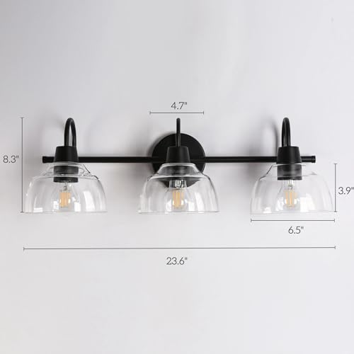 Image of KSANA Black Bathroom Light Fixtures, Modern Farmhouse Vanity Lights Over Mirror 3-Light Bathroom Wall Mounted Sconce with Dome Glass Shade
