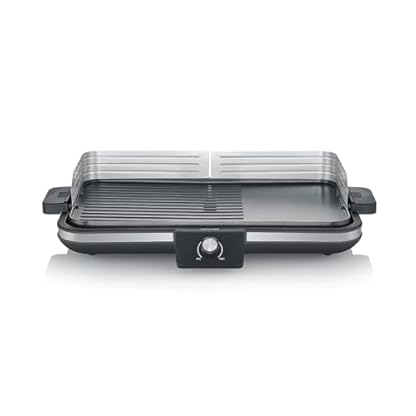 SEVERIN Tischgrill Plancha, antihaftbeschichtete Plancha Grillplatte mit glatter und gerippter Oberfläche Tischgrill für bis zu 8 Personen, 2.300 W Leistung, schwarz, RG 8564