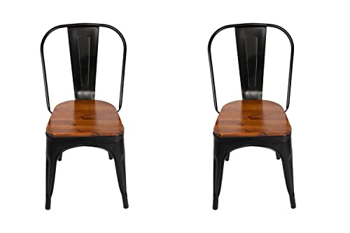 SAM 2er Set Metallstuhl Lina, Schwarz matt, Sitz aus massivem Pinienholz, Esszimmerstuhl im Industrial-Design, stapelbarer Bistrostuhl