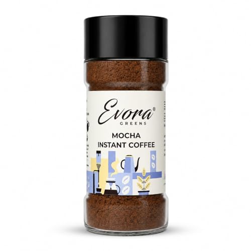 Image of Evora Greens Mocha Flavoured Instant Coffee | Arabica & Robusta Blend | Rich Chocolate Cafe Style Taste | Hot, Cold & Black Coffee | Makes ~50 Cups | 100g Glass Jar