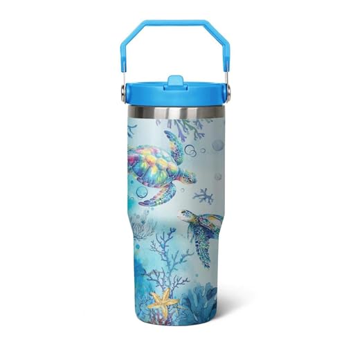qwpmvhsak 30 Oz Sea Turtle Tumbler with Handle Lid and
