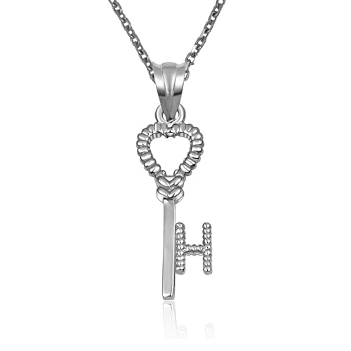 10K White Gold Heart Lock & Key Letter Initial Love Pendant Necklace Initial - H-22