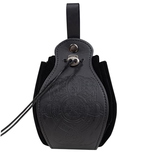 Image of Leather Belt Pouch Medieval Vintage Renaissance Viking LARP Cosplay Costumes Drawstring Coin Purse Phone Holder Waist Bag (Dragon-Black)