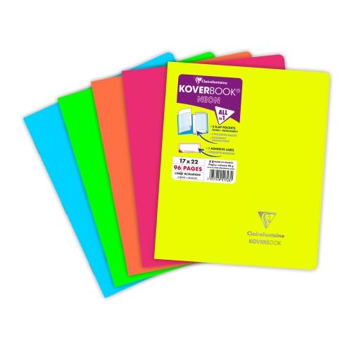 Lot de 10 Cahier Kover Book Néon 17x22, 96p./48 feuilles 90 g/m² piquées, couv. fluo assorties (5), ligné + marge