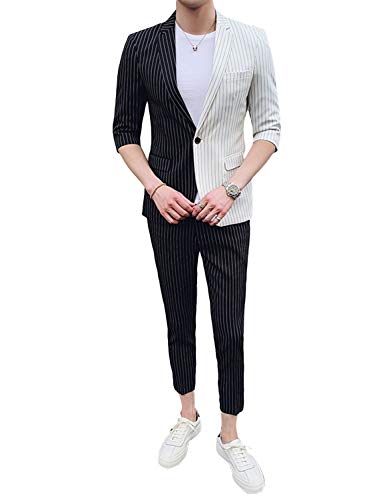 Pkrboro Hombre Chaqueta de Rayas de Dos Tonos Traje de 2 Piezas Manga Corta Chaqueta y Pantalones de Esmoquin de un botón