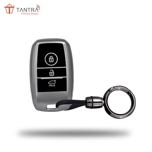 Image of SIAGO TPU Key Cover and Round Keychain Compatible for Kia Sonet | Carens | Seltos 3 Button Smart Key (Grey)