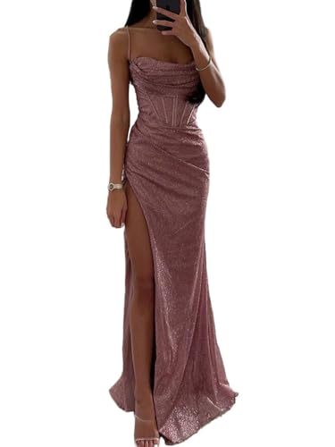 shownicer Abito da Donna Senza Maniche Scollo V Paillettes Vestito con Spacco Elegante Maxi Abito Lungo da Sera Cerimonia Cocktail Nozze Festa C Rosa S