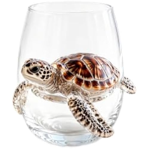 Artisanal Blue Ringed Octopus Glassware 3D Ocean Animal Octopuses Stemless Fantasy Embossed Wine Glasses Handcrafted Marine Animal Bar Glass Gift for Coastal Home Decor Ocean Lovers (Turtle)