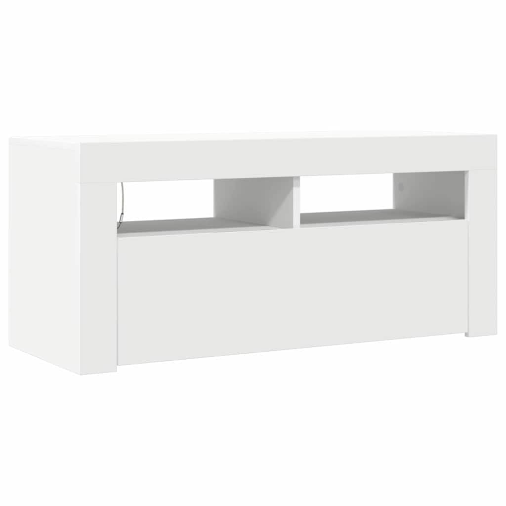 vidaXL Mueble de TV con Luces LED, Blanco, 90x35x40 cm, Madera de ingeniería, Soporte para televisores hasta 40", Mueble bajo con estantes, Consola Moderna para salón