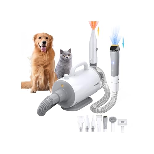 Dog Grooming Vacuum & Dog Blow Dryer – 16000Pa Hair Suction, Dog Clipper, High Velocity Dog Blower with Heater, 8 Pet Grooming Vacuum kit