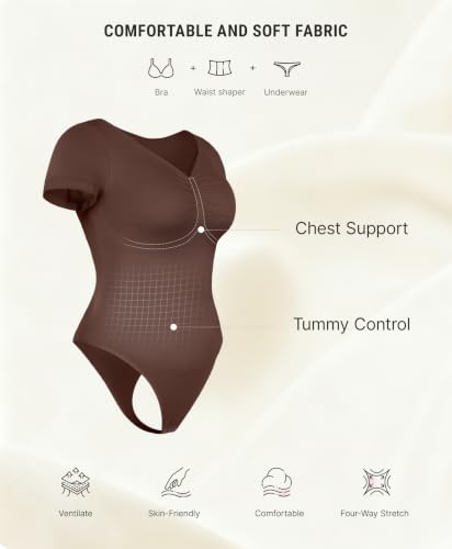 Image of FeelinGirl Short Sleeve Shapewear Bodysuit for Women V Neck Tummy Control