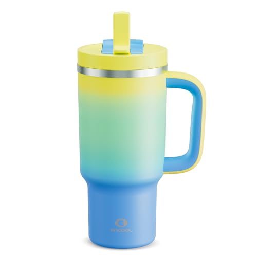 Image of ENCOOL 32 oz Tumbler with Handle and Straw: Stainless Steel Insulated Tumbler Keeps Cold for 24 Hours, Leakproof Travel Cup Fits in Cup Holder and BPA-Free, Soft Lagoon