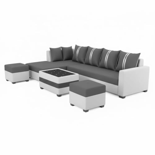 Image of FURNY Stylio 8 Seater Fabric LHS L Shape Sofa Set with 1 Centre Table & 2 Ottoman (Dark Grey-Light Grey) | Premium Velvet Finish | Durable Comfortable Ideal Sofa for Living Room