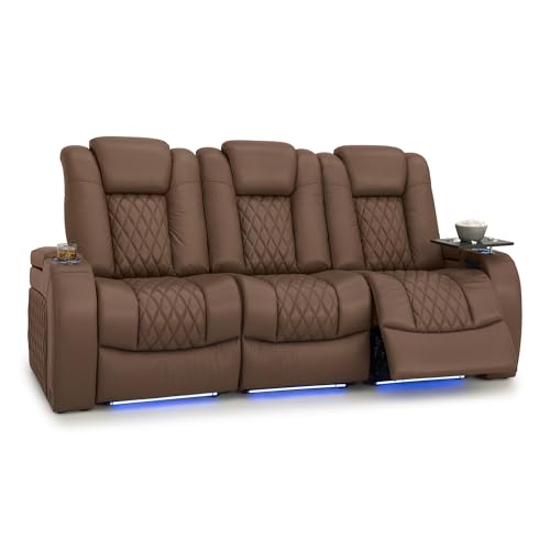Image of Seatcraft Diamante Tobacco Italian Leather Home Theater Seating, Zero Gravity Power Recliner Gaming and Home Office Chair, Powered Headrest Lounge Sofa Furniture for Cinema Room, Row of 3 Sofa