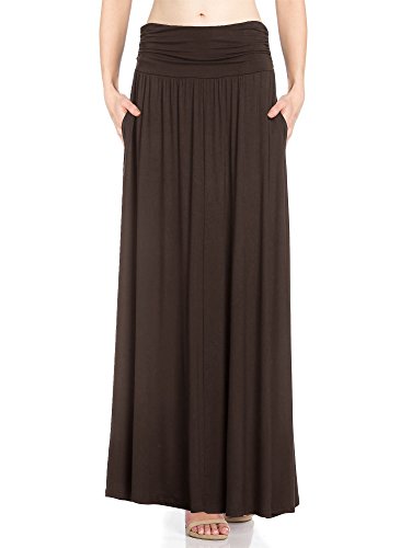 Fashion California Womens 1 Pack High Waist Shirring Maxi Skirt with Side Pockets (Large, Brown)