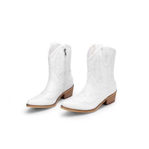 Image of Rhinestone Ankle Cowboy Boots for Women Embroidered Short Cowgirl Boots with Low Heel Side Zipper Comfortable Chunky Heel Western Booties for Prom Party Wedding Pull On Shoes
