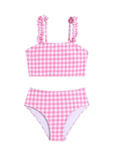 OYOANGLE Toddler Girl's 2 Piece Cute Plaid Swimsuit Ruffle Trim High Waisted Bikini Bathing Suits Beachwear