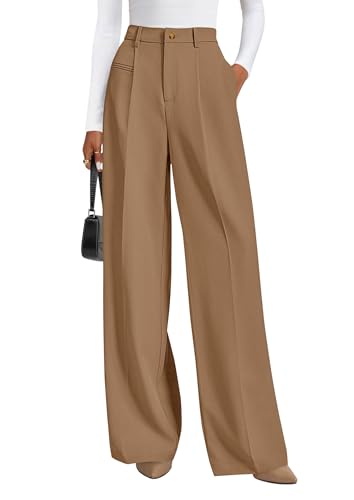 PRETTYGARDEN Womens Wide Leg Dress Pants 2026 Business Casual Flowy Work Palazzo Pants High Waisted Slacks Trousers (Khaki,Medium)