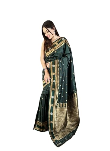 Pandadi Saree Pure Soft Banarasi Silk Green Saree with Rich Weaved Gold & Silver Zari Work, Designer Border, E