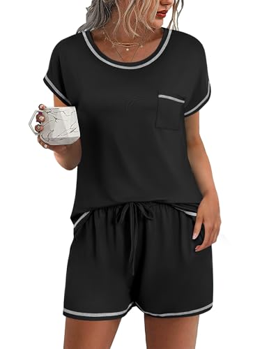 Ekouaer Womens Pajama Sets 2 Piece Soft Short Sleeve Top and Shorts Sleepwear Round Neck Pjs Lounge Set with Pockets Black Large