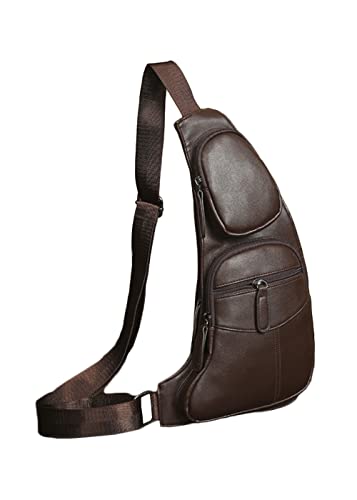 Men Travel Hiking Leather Sling Bag Outdoors Crossbody Daypack Chest Bags-Coffee b