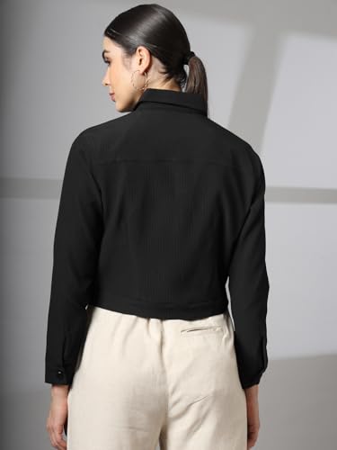Image of CHKOKKO Solid Crop Jackets for Women stylish latest Long Sleeve Stylish Winter Shirt Jacket Casual Outerwear for Office