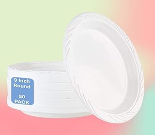 Pack of 50 Large 9/10 inch Reusable Plastic Plates and Bowls Dinner Party Plates Perfect for Everyday Reusable & Hand Washable, Heavy Duty Dinnerware (50 - 9 Inch Plates)