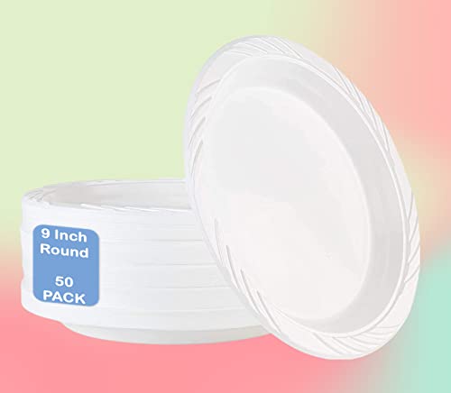 Lot de 50 grandes assiettes et bols en plastique réutilisables de 2,2 cm, parfaites pour un usage quotidien, réutilisables et lavables à la main, vaisselle robuste (assiettes de 127 à 22,9 cm) Cover