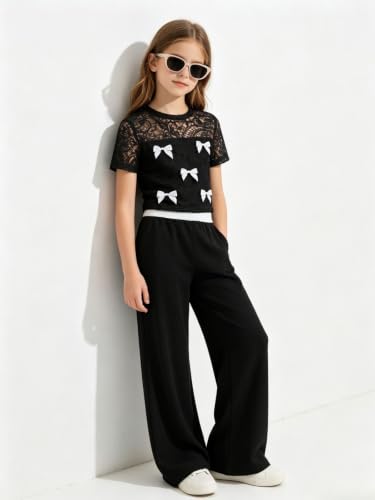 Image of Girls Clothes 2 Piece Short Sleeve Lace Bow Print Tops Flared Pants Set Little Girl Outfits Size 7-14