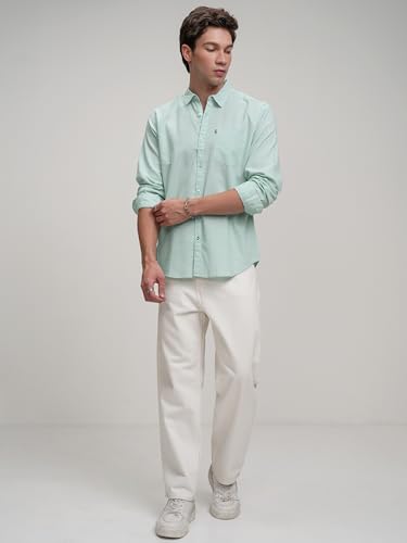 Image of Highlander Men's Blue Solid Slim Fit Casual Shirt | Sleek & Versatile | A Timeless Wardrobe Essential