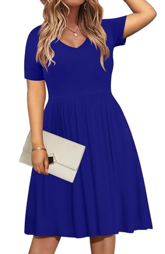 Image of DB MOON Women Plus Size Dresses 2026 Summer Casual V Neck Short Sleeve Knee Length Dress with Pockets