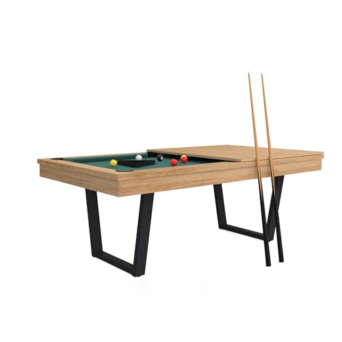 Billard Table à Manger VIVEO 210 avec Ardoise, Finition chêne sur Pied de Table métal en Forme de V • Kit Accessoires 8 Pool • 209x119x79cm • 220kg...