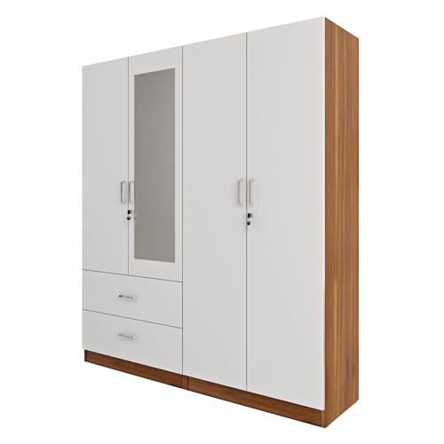 Image of VIKI Wardrobe | Wooden Almirah for 4 Door 2 Drawer with Shelves & 2 Hanging Space Mirror Wardrobe (Walnut | White - 40D x 160W x 180.8H) | 1 Year Warranty | Free Assembly