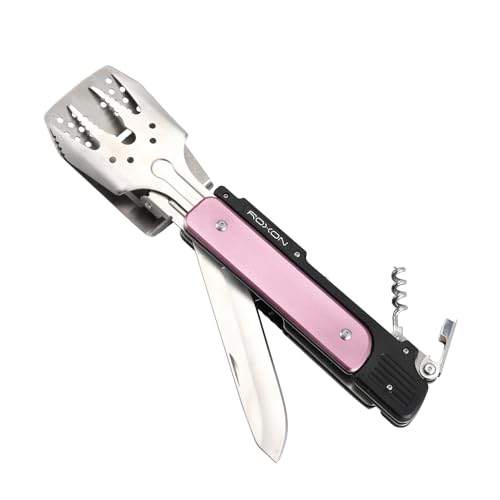 Image of ROXON S601 14 inch 6 in 1 MBT3 Folding Grill Utensils Set Fork Spatula Grilling Knife Tongs Opener for Backyard Barbecue and Camping (Pink)