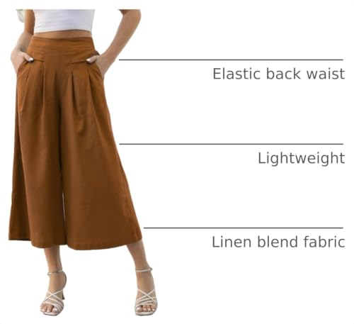 Image of Gihuo Culottes for Women Linen Wide Leg Gauchos Capri Palazzo Pants | Cotton Linen Pants,Flowy Pants,Women's Culottes,Cropped Pants,Elastic Waist Trousers with Pockets
