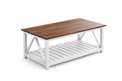 Image of Solid Sheesham Wood Farmhouse Coffee Table with Bottom Storage Shelf for Living Room Centre Table Rustic Wooden Tea Table 100 x 55 x 45 cm | White & Brown Finish