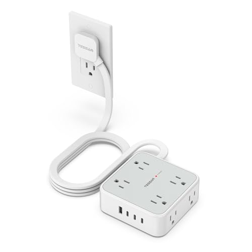 Image of TESSAN Surge Protector Power Strip, 5 Ft Flat Plug Extension Cord with 4 USB (3 USB C) 8 Outlets, 1875W, 900J Protection, 3 Sided Outlet Extender with Power Switch for Office, Dorm Room, Grey