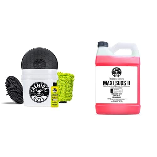 Chemical Guys CWS_101BK Kit de lavagem e detalhamento automotivo com shampoo Maxi-Suds II Cherry, balde, luva e acessórios, 3,8 L, 6 itens