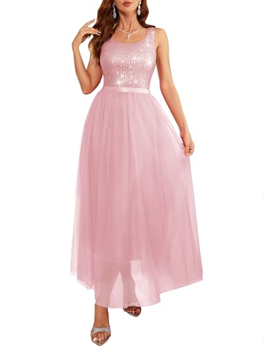 Image of BeryLove Sequin Dress for Woman Vintage A Line Wedding Formal Swing Mesh Dress Sleeveless Cocktail Maxi Gowns