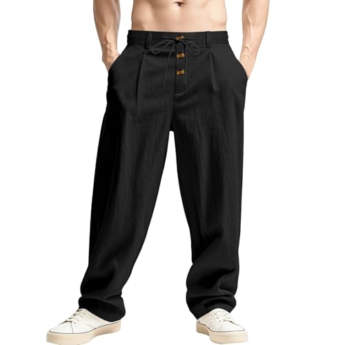 Dasongff - Pantalón de lino para hombre, informal, de playa, ligero, verano, informal, para yoga, con cordón elástico, talla grande, baratos, Negro , 3XL