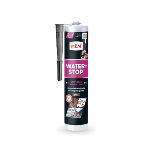 MEM Water Stop, Universalabdichtung und Feuchtigkeitssperre, Optimal geeignet für die Innen- und Außenanwendung, Lösemittel-, silikon- und bitumenfrei, Dichtet sofort, Grau, 290 ml Kartusche