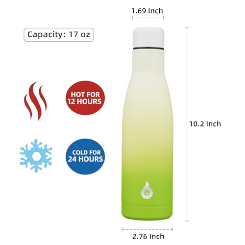 Image of BJPKPK Insulated Water Bottle 17oz Stainless Steel Water Bottles Dishwasher Safe Reusable Metal Thermal Keep Cold and Hot,Elegant Green