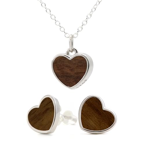 NaturSchatulle Holzschmuck Set Ohrringe Halskette Herz 9mm Damen Holzohrringe 925 Silber Nussbaum Holz Ohrstecker Schmuck (Set)