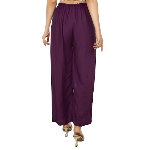 Image of Women's Rayon Palazzo Pants | Solid Color Wide Leg Trousers in 18 Shades | Elastic Waist Casual Bottoms XS-7XL | Comfortable
