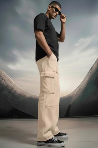 Image of Veirdo Men's Cargo Pants | Relaxed Fit Utility Trousers with Multi Pockets | Casual Streetwear Cotton Bottoms - Beige, Black & Grey| Sizes: S to XXL