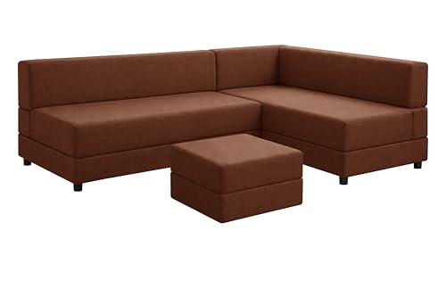 Image of Leg Sofa Cum Bed with Ottoman | Jute Fabric | Multipurpose Folding 3 Seater Sofa Bed 5x6 Ft for Living Room | Space Saving Furniture | Modern Design - Brown