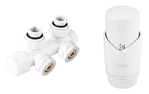 BFG Thermostat-Set, für Heizkörper | Thermostatkopf GT33 M30 x 1,5 | Zweirohr Heizkörperventil Eckform | Heizkörpernippel 3/4” x 1/2”, Rohrnippel 15 mm und 16x2 mm