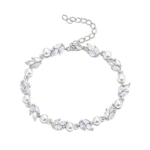 EleQueen Dainty Bridal Pearl Crystal Bracelet for Women, Charming Rhinestone Wedding Costume Party Bracelet for Bride Bridesmaid